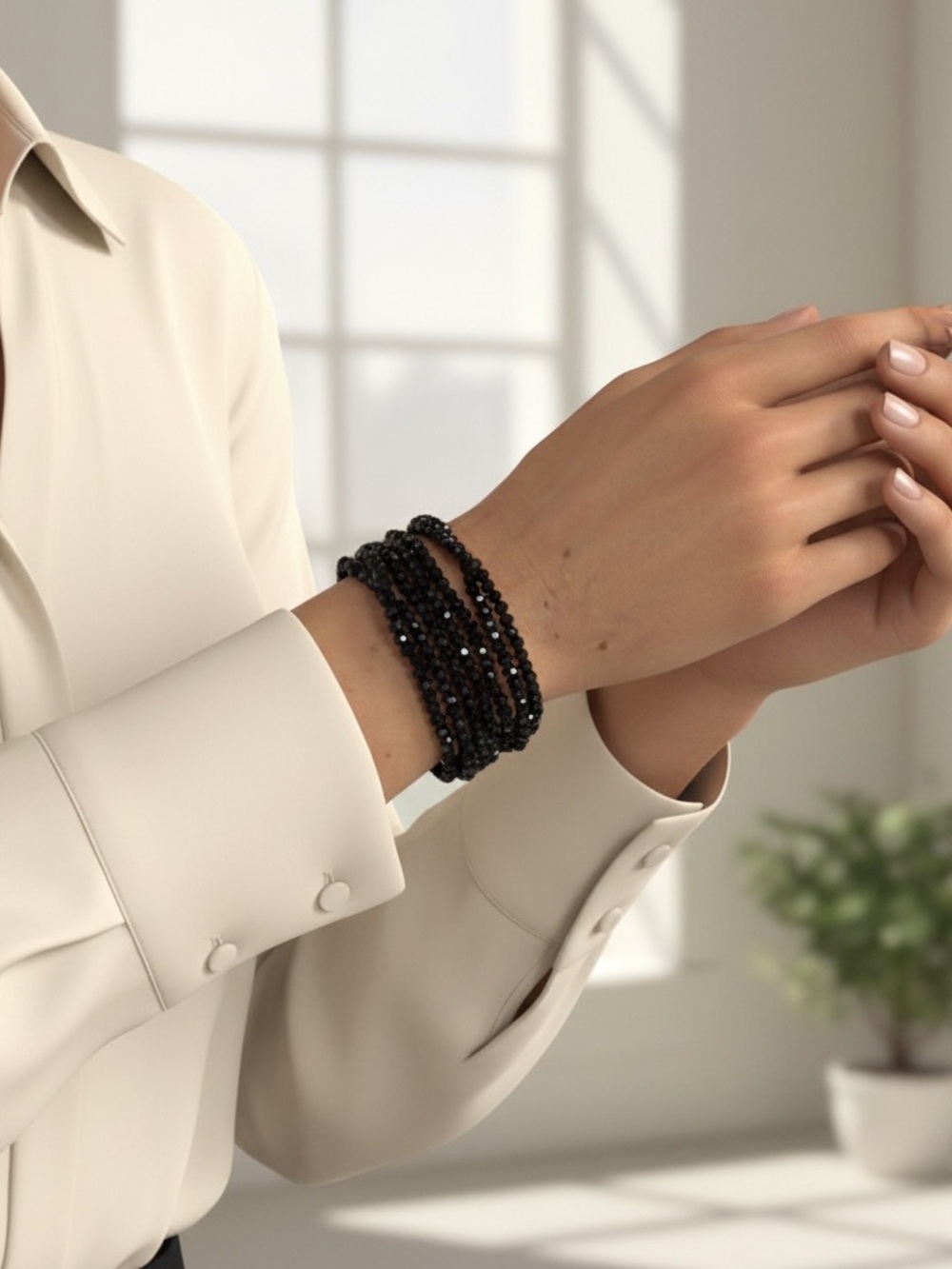 Black Faceted Crystal Beads Bracelet with 14K Gold Plated Clasp - NWOT